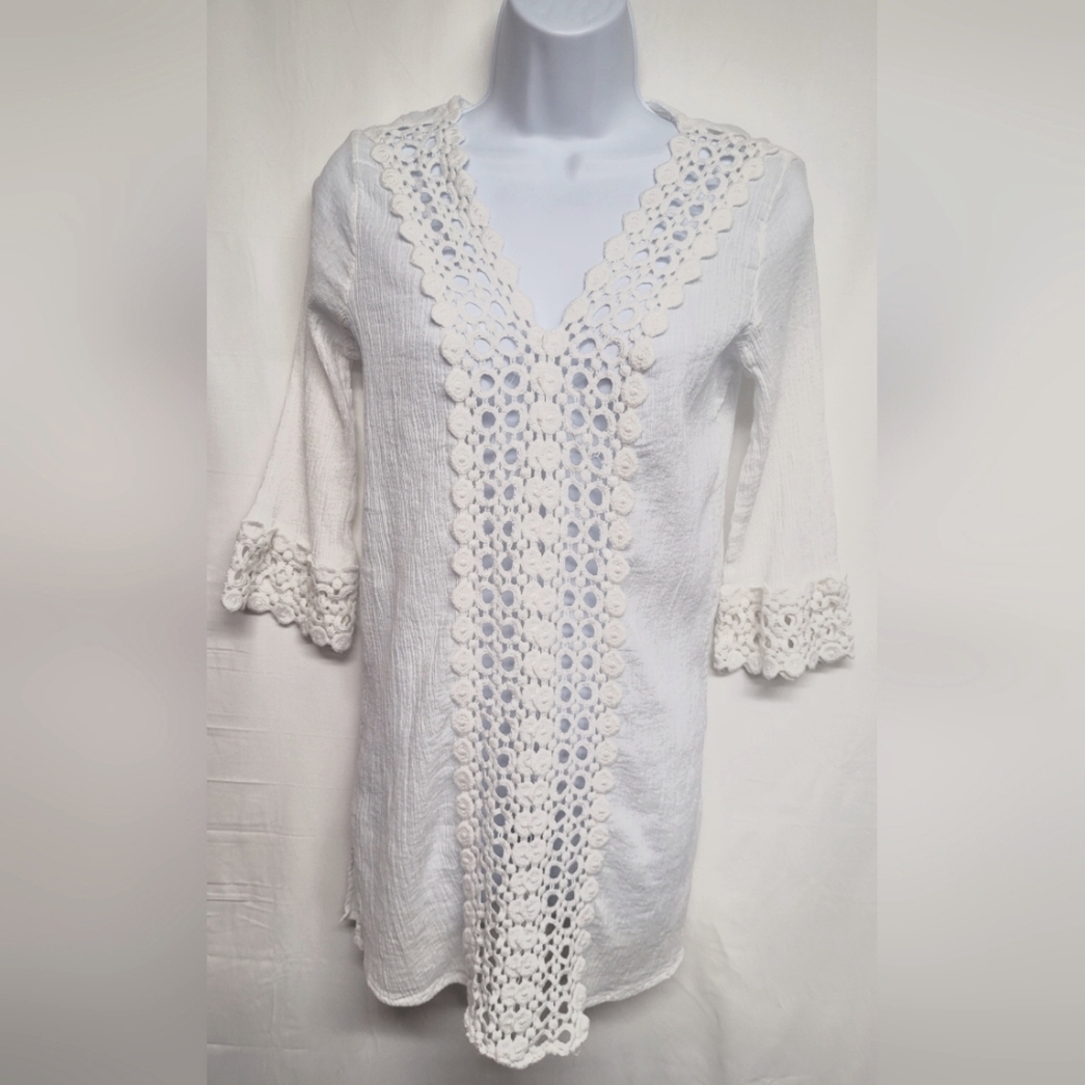 Flint & Moss Beach S Tunic Top Eyelet Lace Trim Bright White Gauze Fabric
